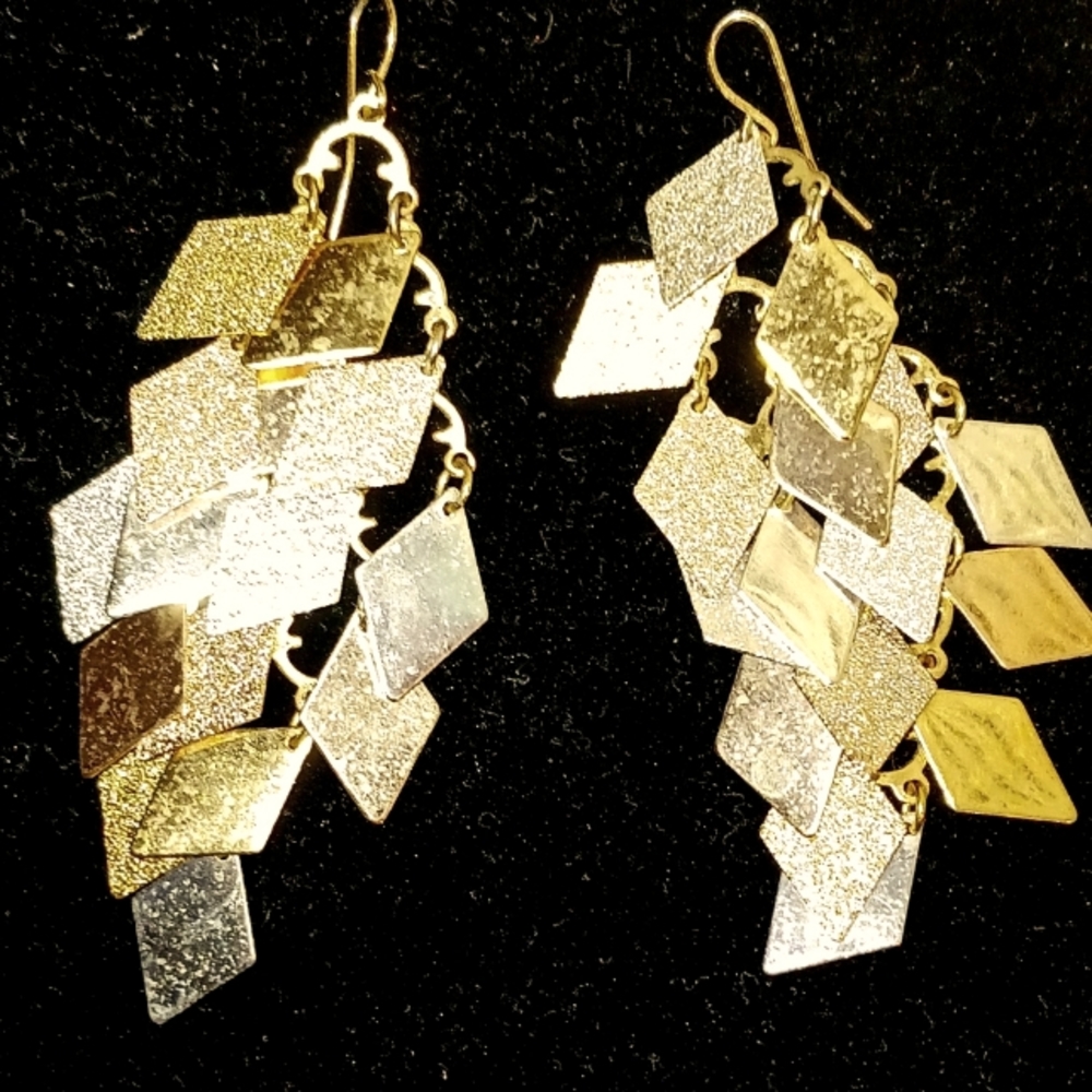 TriGold Drop layered Earrings w hooks Gold/Silver/Rose